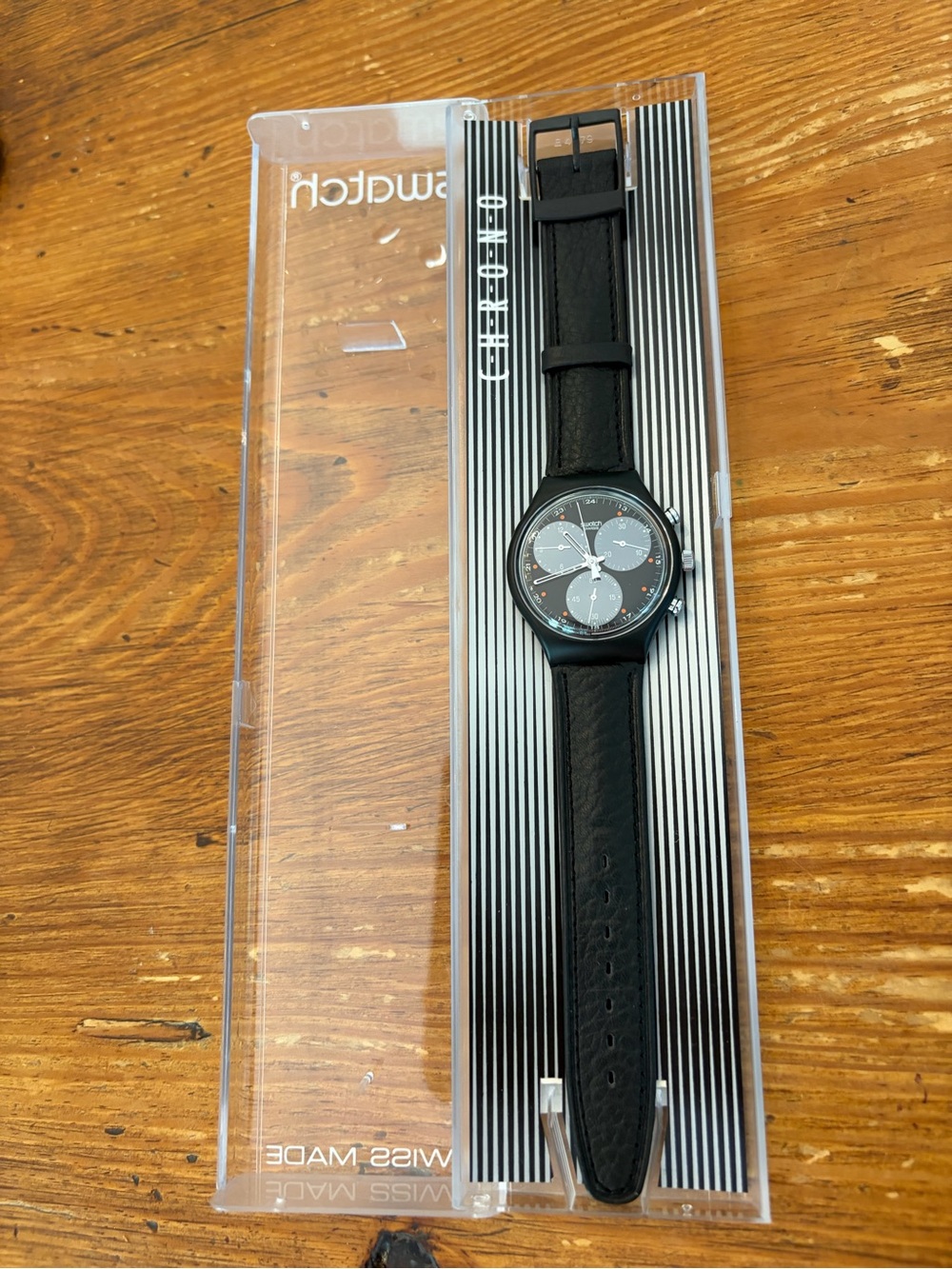 Swatch Chrono Wall Street Black Leather Strap Watch with Gray Subdials